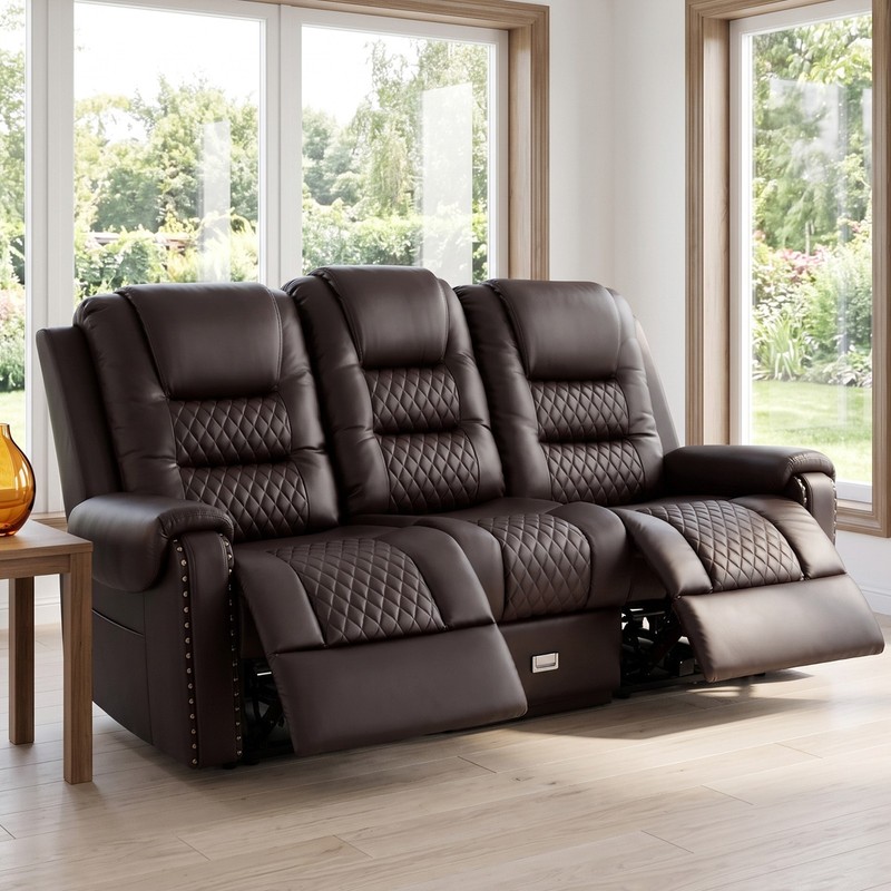 Oversized PU Leather Massage Recliner Chair 3-Seat Sofa Couch w/Drawer,USB Brown gallery