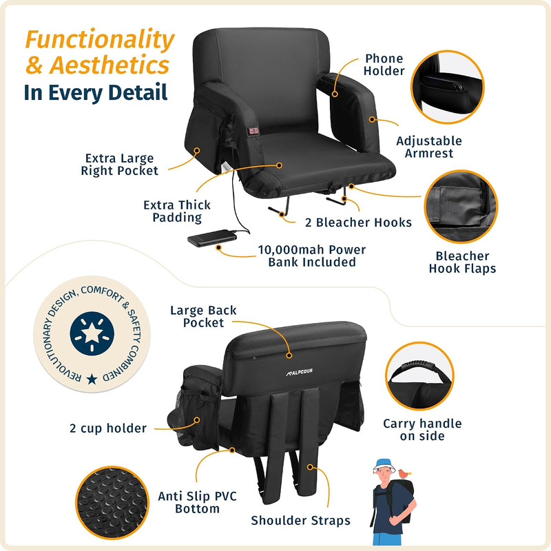 Alpcour Heated Massage Reclining Stadium Seat for Bleachers – Wide Bleacher Chai gallery