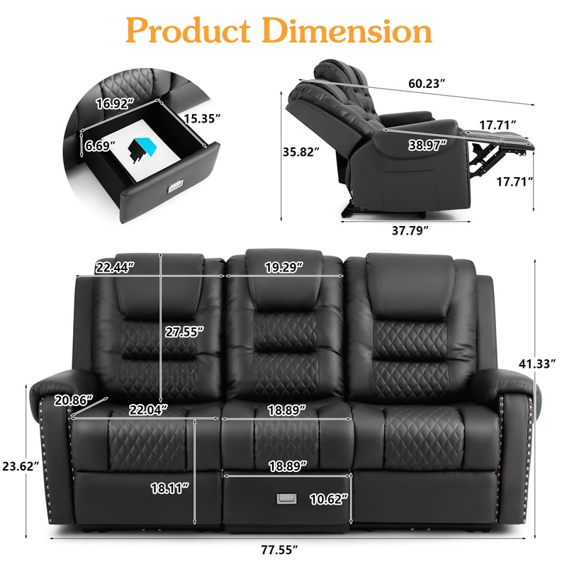 Black Heavy Duty 3Seat PU Leather Massage Chair Recliner Couch Sofa w/Drawer,USB gallery