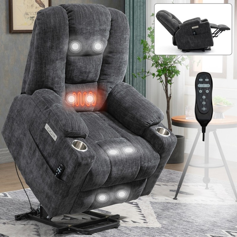 Power Lift Recliner Massage Heat Elderly Chairs USB-C 2 Cup Holders Brown 350LB