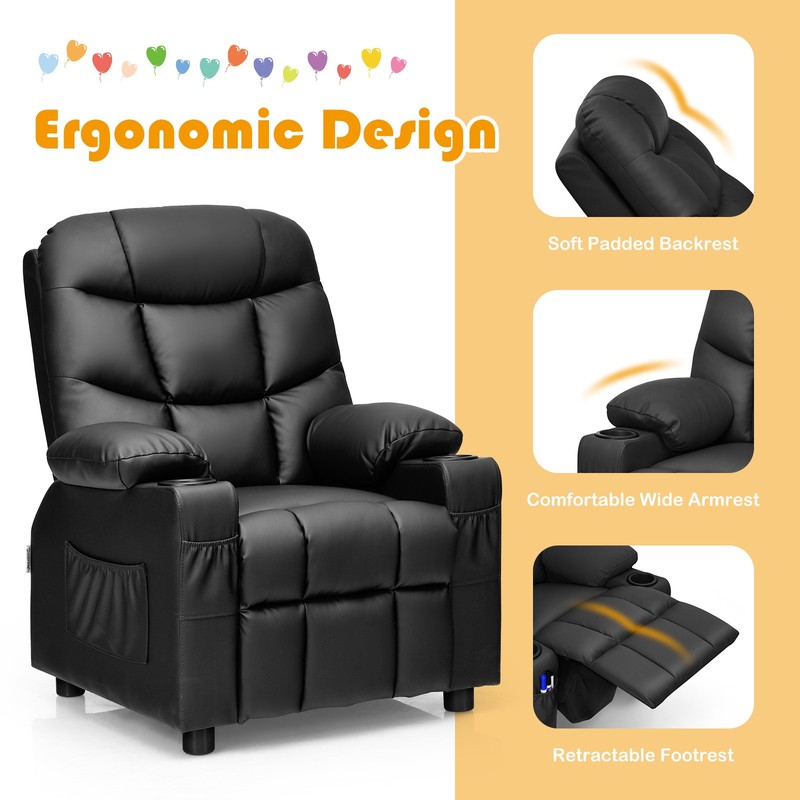 Honeyjoy Kids Youth Recliner Chair PU Leather w/Cup Holders & Side Pockets Black gallery