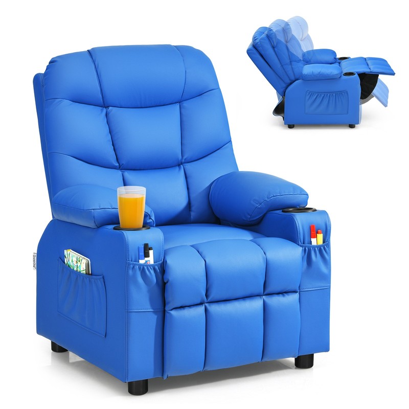Honeyjoy Kids Youth Recliner Chair PU Leather w/Cup Holders & Side Pockets Blue
