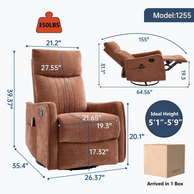 Orange Fabric Manual Recliner Chair with Massage, Heat, Rocker & Swivel gallery