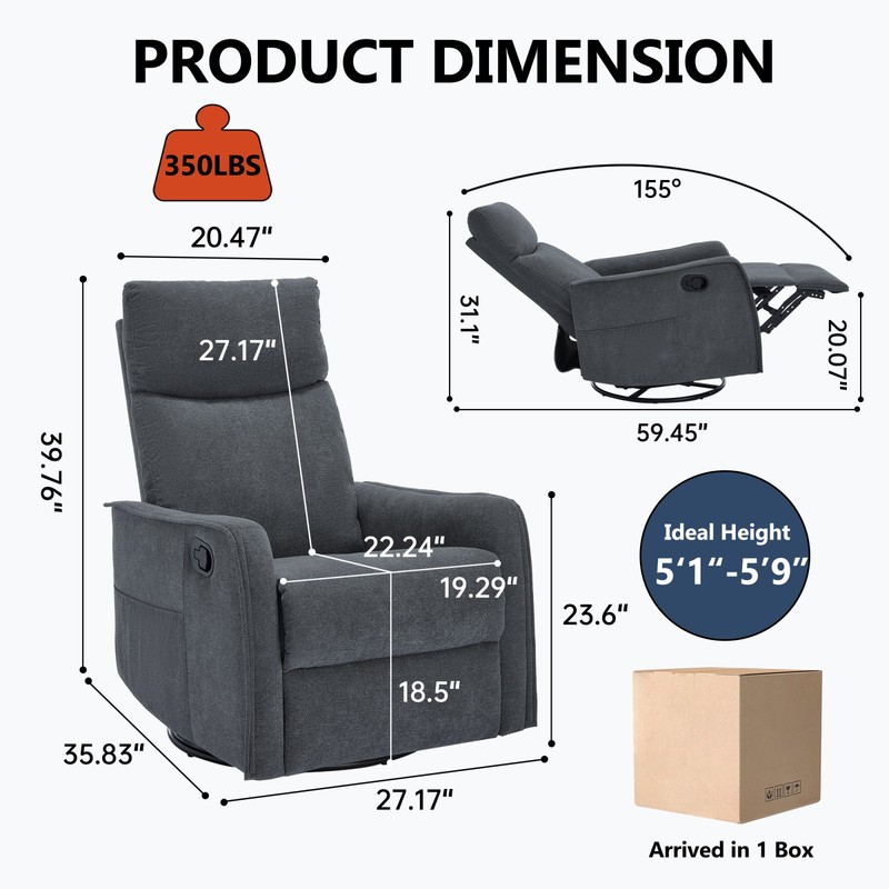 Manual Recliner Chair with Massage, Heat, Rocker & Swivel, Grey gallery