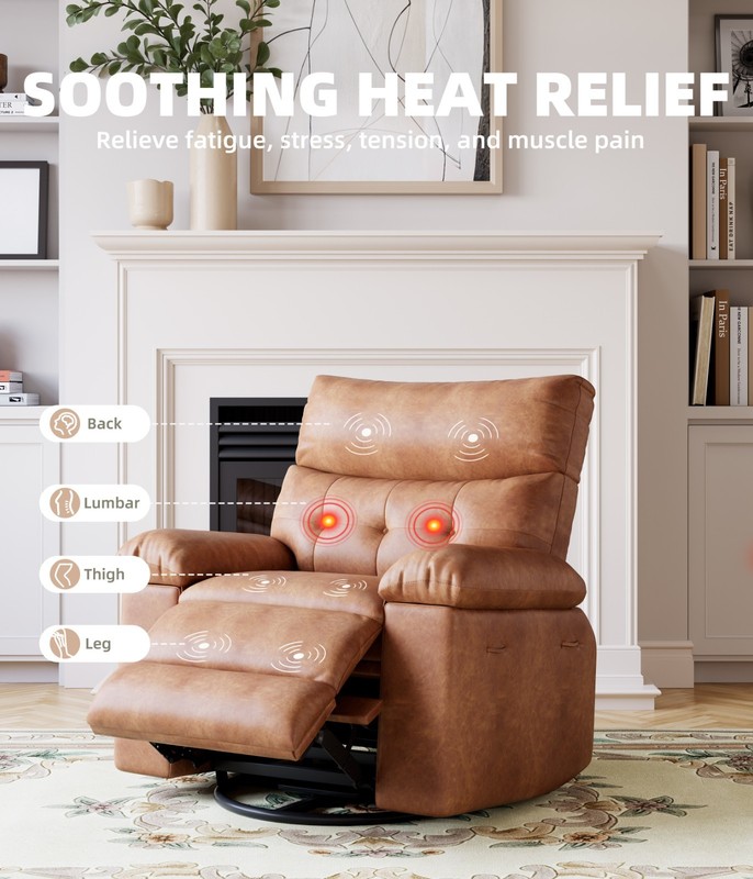 Swivel Rocker Recliner Chair 27" PU Leather Heat Massage 360° Remote Wide Seat gallery