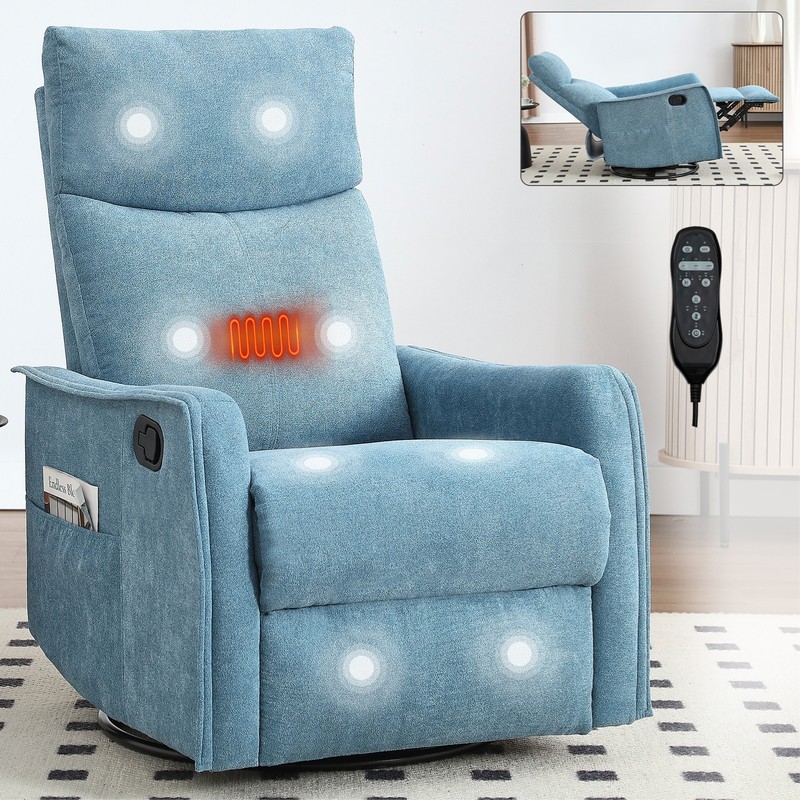 Manual Recliner Chair with Massage, Heat, Rocker & Swivel, Blue