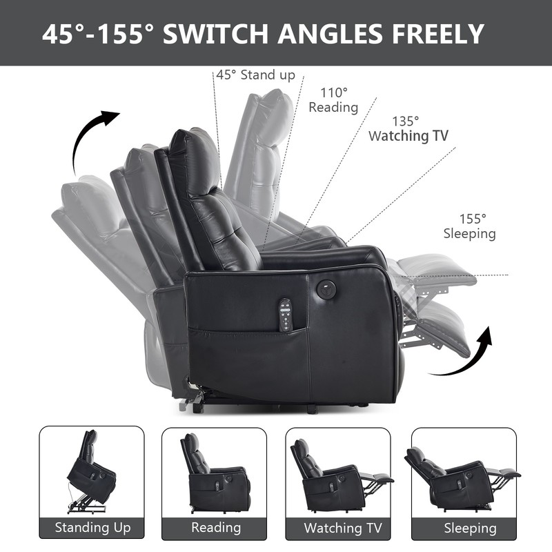 Power Lift Recliner Chair with Massage & Heat, Black PU Leather, 155° Recline gallery
