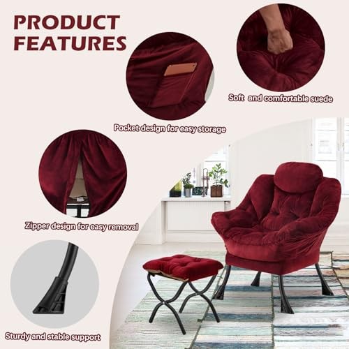 Lazy Chair with Folding Ottoman,Leisure Sofa Chair,Soft Fabric Plush Red gallery