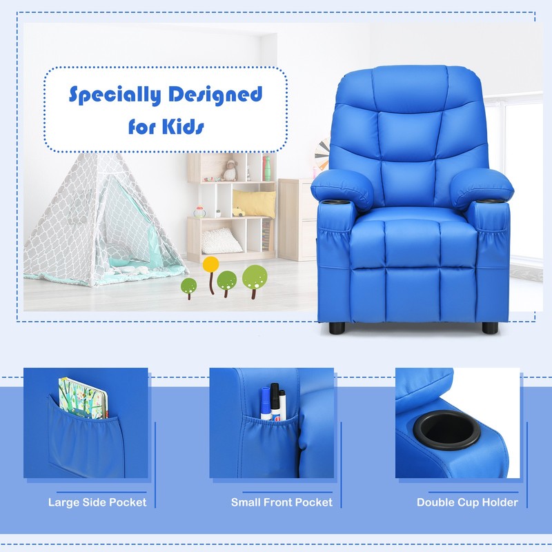Costway Kids Youth Recliner Chair PU Leather w/Cup Holders & Side Pockets Blue gallery