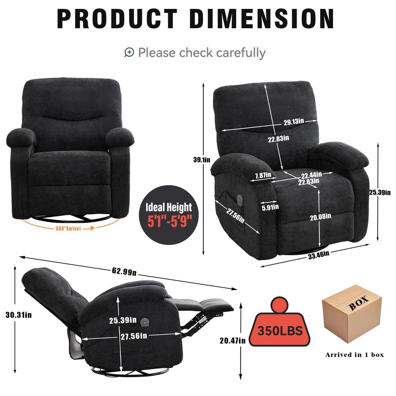Hot Massage Swivel Rocker Recliner Chair, 8-Node Vibration, Lumbar Heat, Black gallery