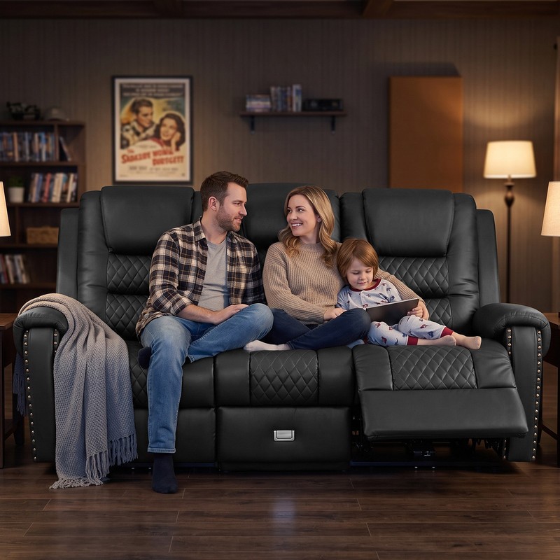 Black Heavy Duty 3Seat PU Leather Massage Chair Recliner Couch Sofa w/Drawer,USB gallery