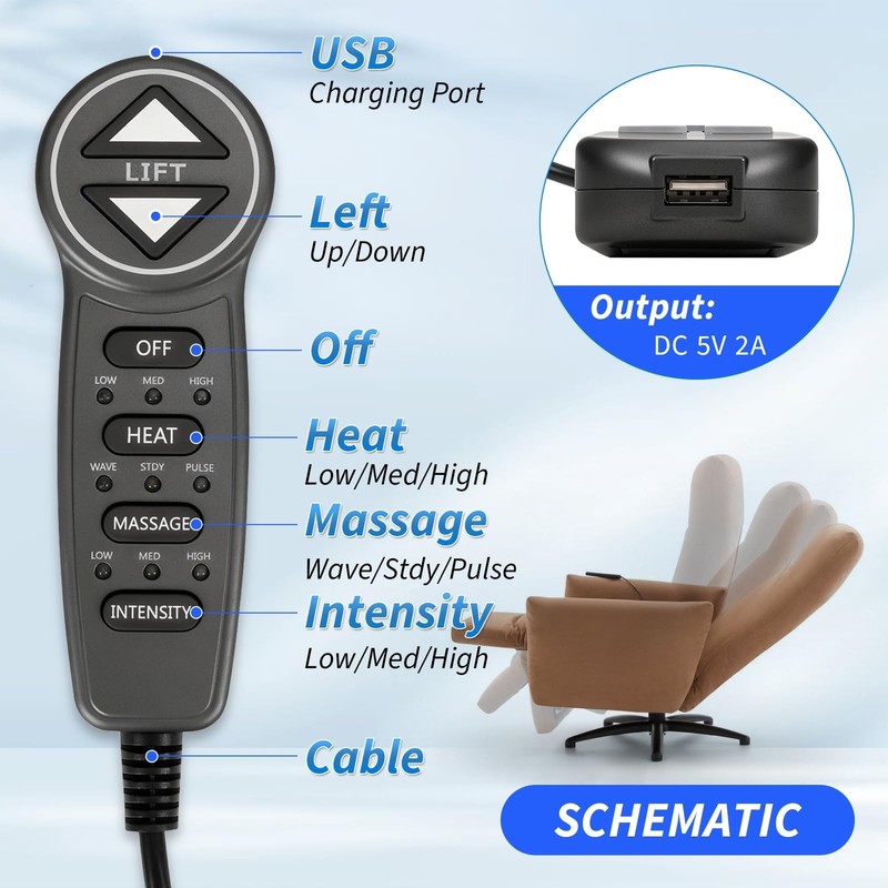 6-Button Lift Chair Remote Controller with USB Heat & Massage - Fits Most Brands gallery