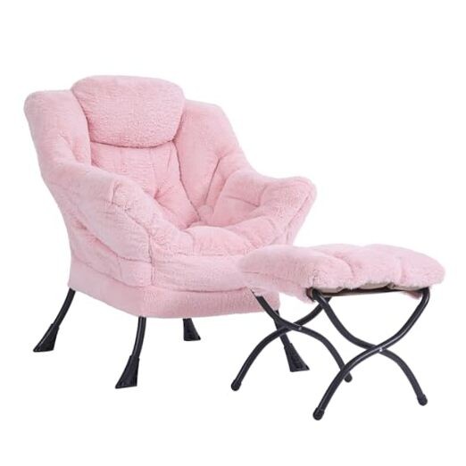 Plush Pink Lazy Chair and Ottoman, Large Contemporary Accent Lounge Plush-pink