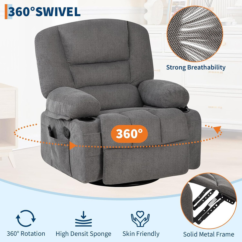 Massage Rocking Recliner Chair with Vibration and Heat, 360° Swivel Chenille Roc gallery