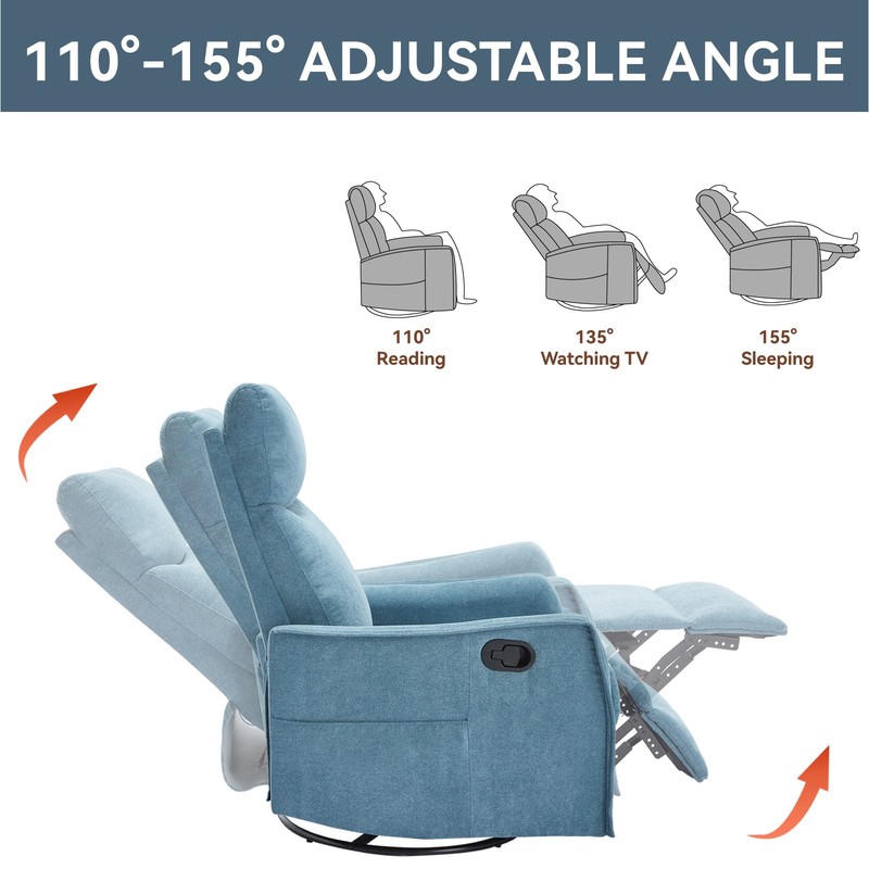 Massage Recliner Chair with Rocker, Swivel, Heat, Blue Fabric gallery