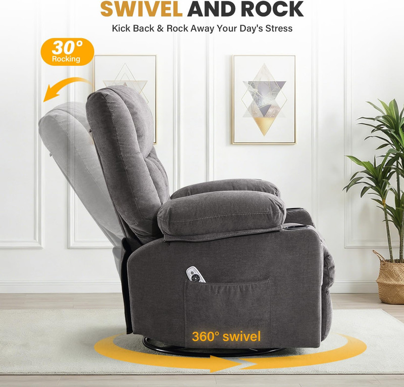 Swivel Rocker Recliner Chair with Vibration Massage and Heating Functions for Ad gallery