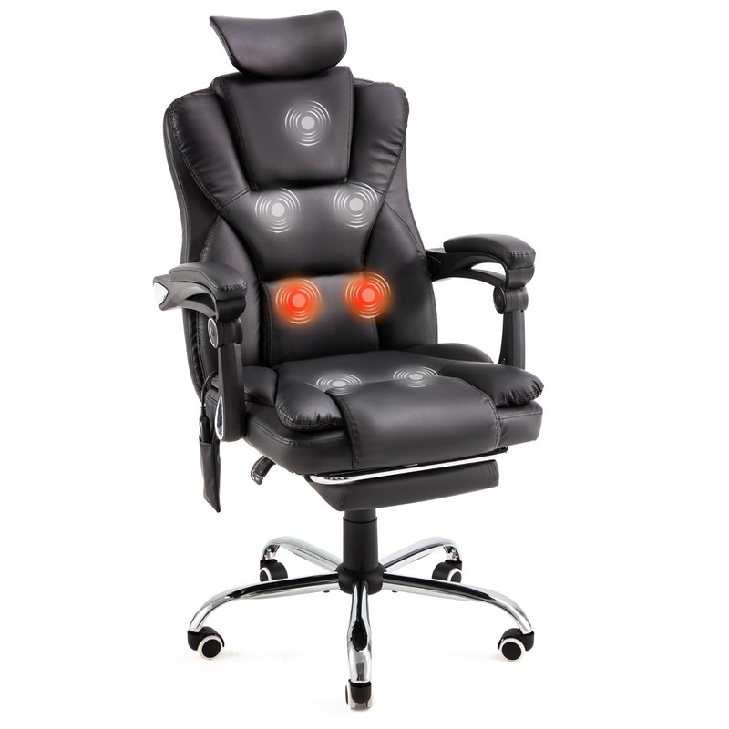 Massage Office Chair Heat Reclining Footrest Executive Chair Black Leather