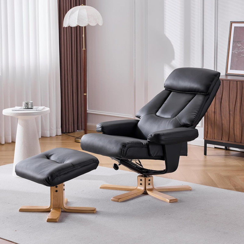 Heated Massage Accent Chair with Ottoman, 360° Swivel, PU Leather, Black gallery