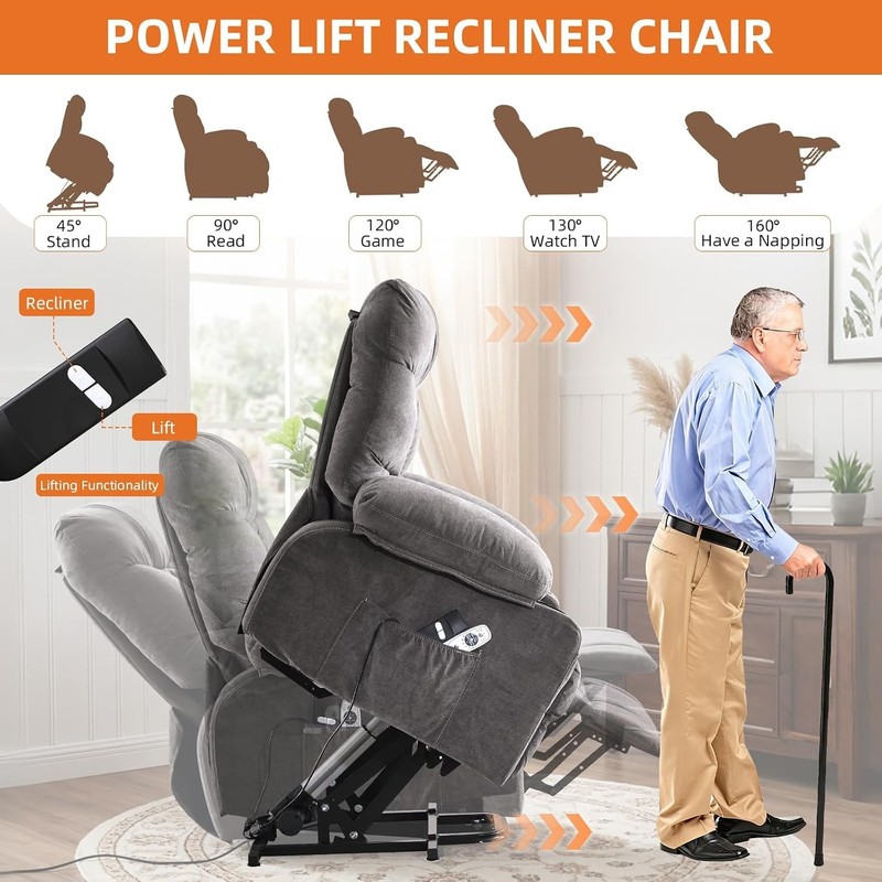 Recliner Chair Power Lift Vibration Massage Lumbar Heating Textile Grey gallery