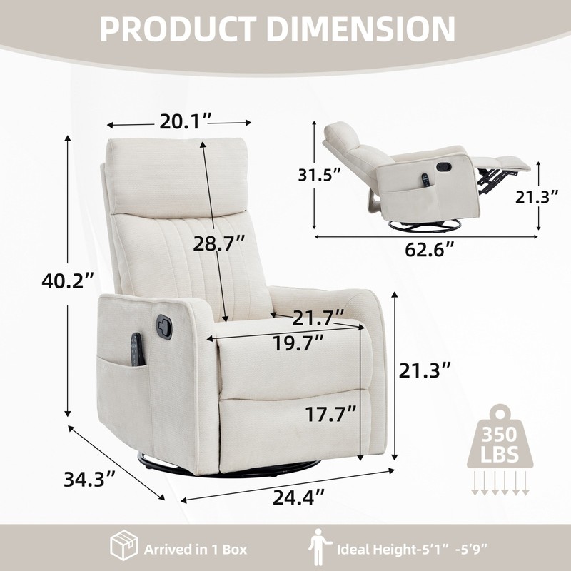 Beige Fabric Recliner Chair with Massage, Heat, Swivel & Rocker gallery