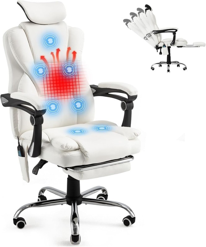 Massage Office Chair Heat Reclining Footrest Executive Chair White Leather