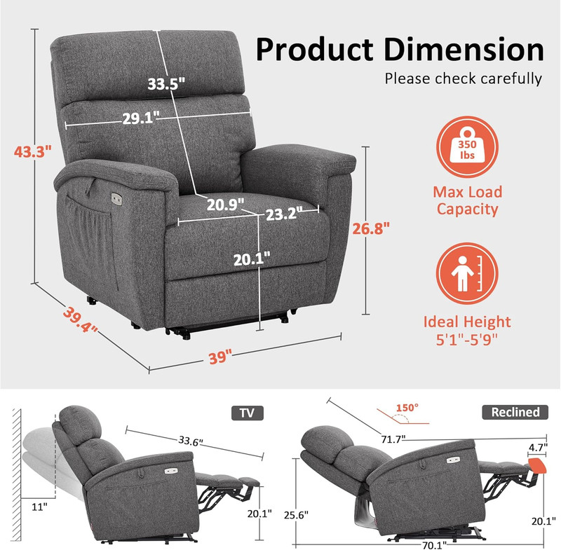 Dark Grey Power Lift Recliner Chair with Massage, Heat & Adjustable Headrest gallery