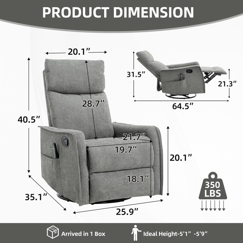 Manual Recliner Chair with Massage, Heat, Swivel & Rocker, Light Grey gallery