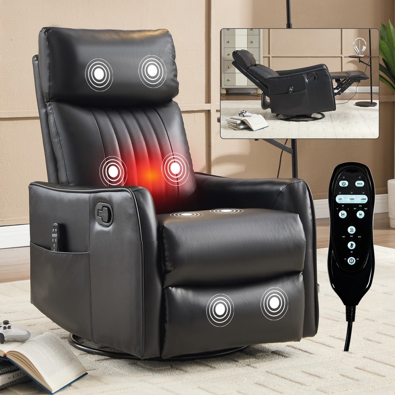 Black Faux Leather Massage Recliner Chair Heat Swivel Rocker Manual Living Room