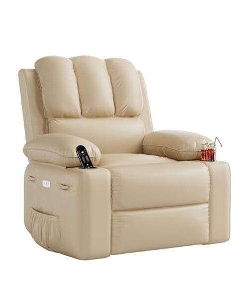 Oversized Electric Recliner Chair for Living Room – PU Leather Swivel Beige gallery