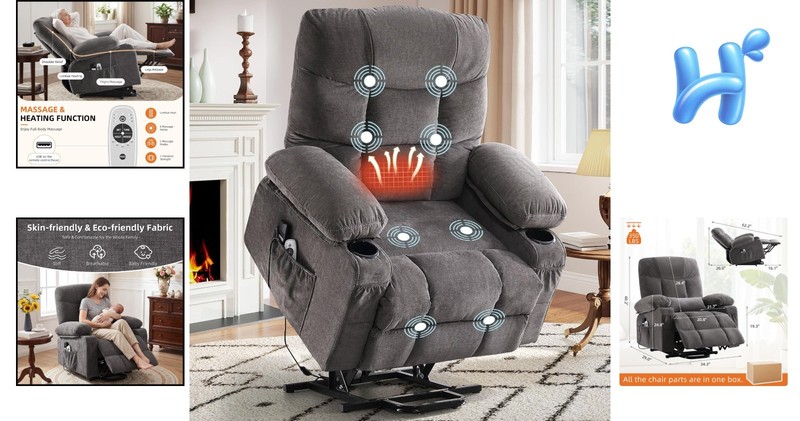 Recliner Chair Power Lift Vibration Massage Lumbar Heating Textile Grey gallery