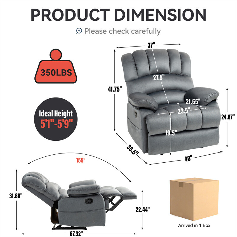 Large Oversized Manual Recliner Chair Reclining Sofa Fabric for Living Room Gray gallery