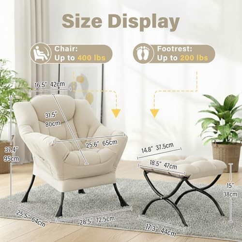Lazy Chair and Ottoman, Large Velvet Accent Chair with a Side Pocket, Beige gallery