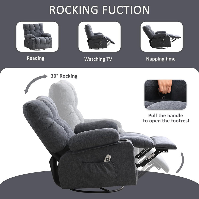 Oversized Massage Swivel Recliner Chair with Lumbar Heating for Living Room Rock gallery