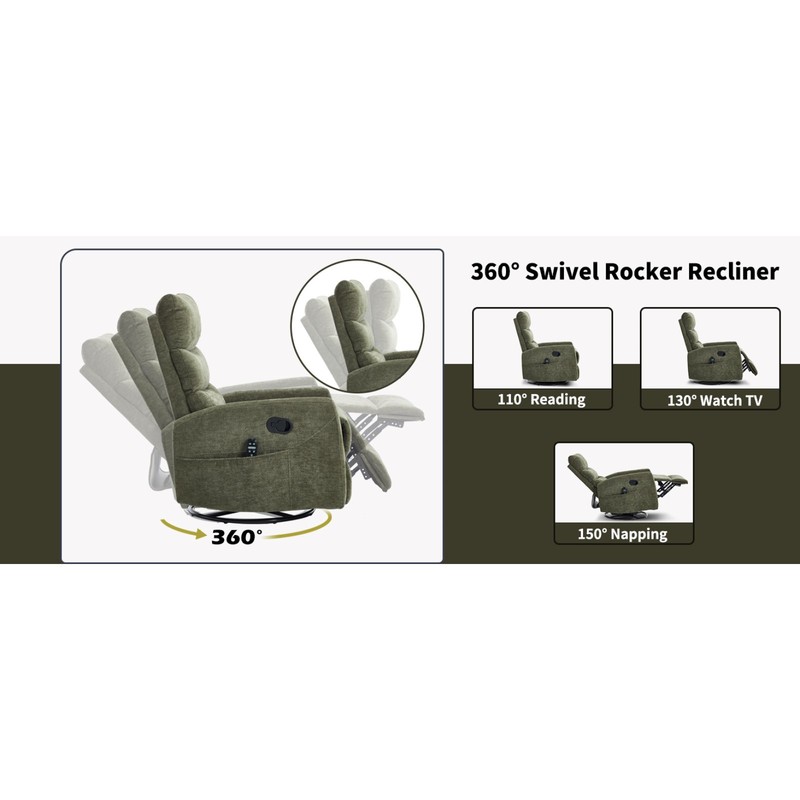Green Fabric Recliner Chair with Massage, Heat, Rocker & Swivel gallery
