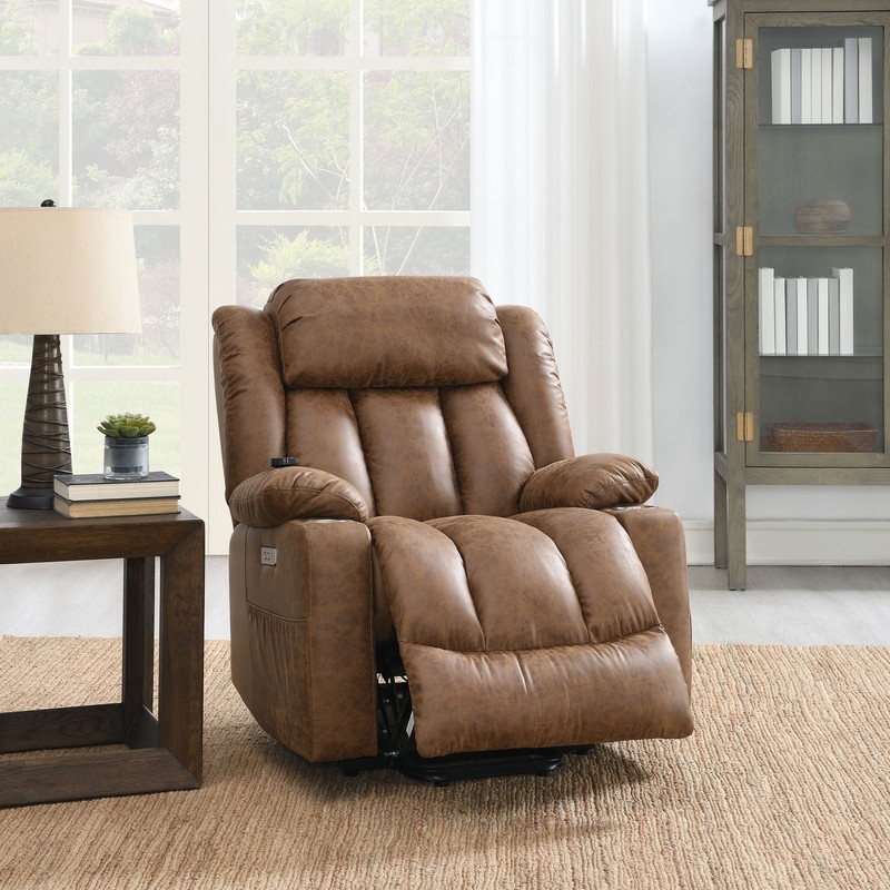 Brown Faux Leather Power Lift Recliner w/ Heat & Massage, Motion, 2 Cup Holders