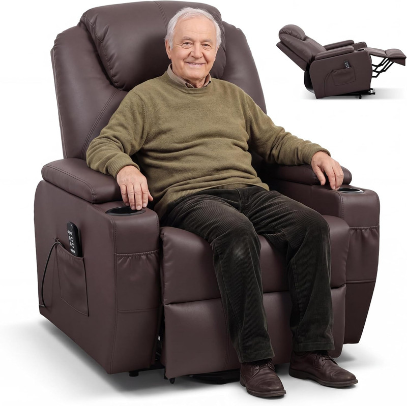 Power Lift Recliner Chair with Massage, Heat, Storage & Cup Holders