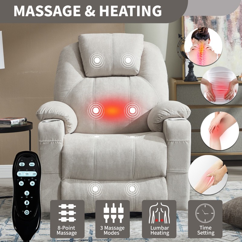 Power Lift Recliner Chair 350 lbs Beige 8-Point Vibration Massage & Heat gallery