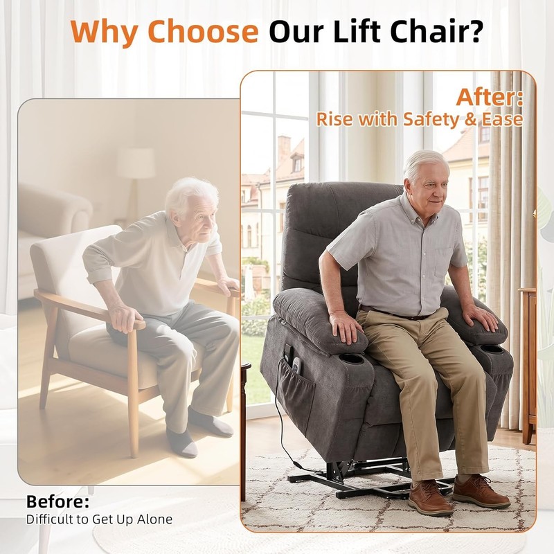 Recliner Chair Power Lift Vibration Massage Lumbar Heating Textile Grey gallery