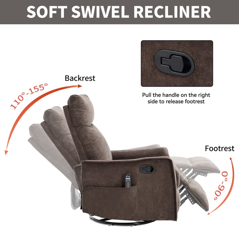 Massage Recliner Chair with Heat, Rocker, Swivel, Brown Fabric gallery