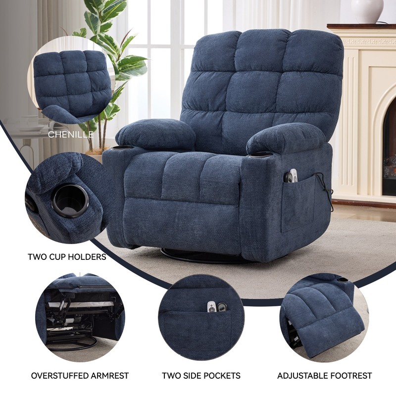 Electric Recliner Chair with Massage, Heat, Rocker & Swivel, Blue gallery