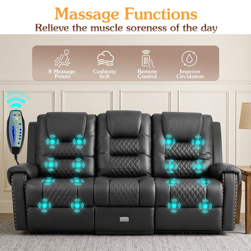 Black Heavy Duty 3Seat PU Leather Massage Chair Recliner Couch Sofa w/Drawer,USB gallery