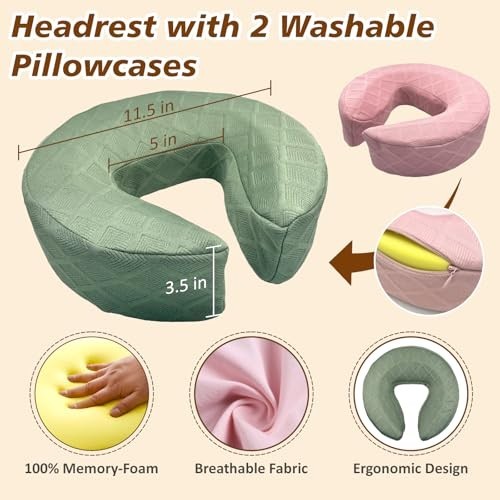 Adjustable Massage Headrest for Bed & Table, 2 Washable Pillowcases - Green & Pi gallery