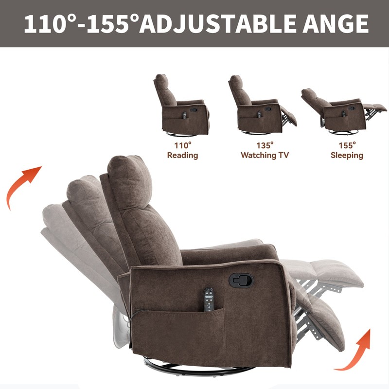 Massage Recliner Chair with Heat, Rocker, Swivel, Brown Fabric gallery