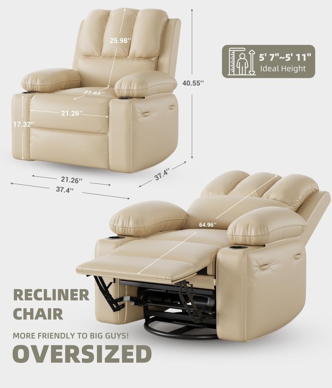 22" Medium-Seat Power Recliner Chair Leather Swivel Massage Heat USB Pockets gallery