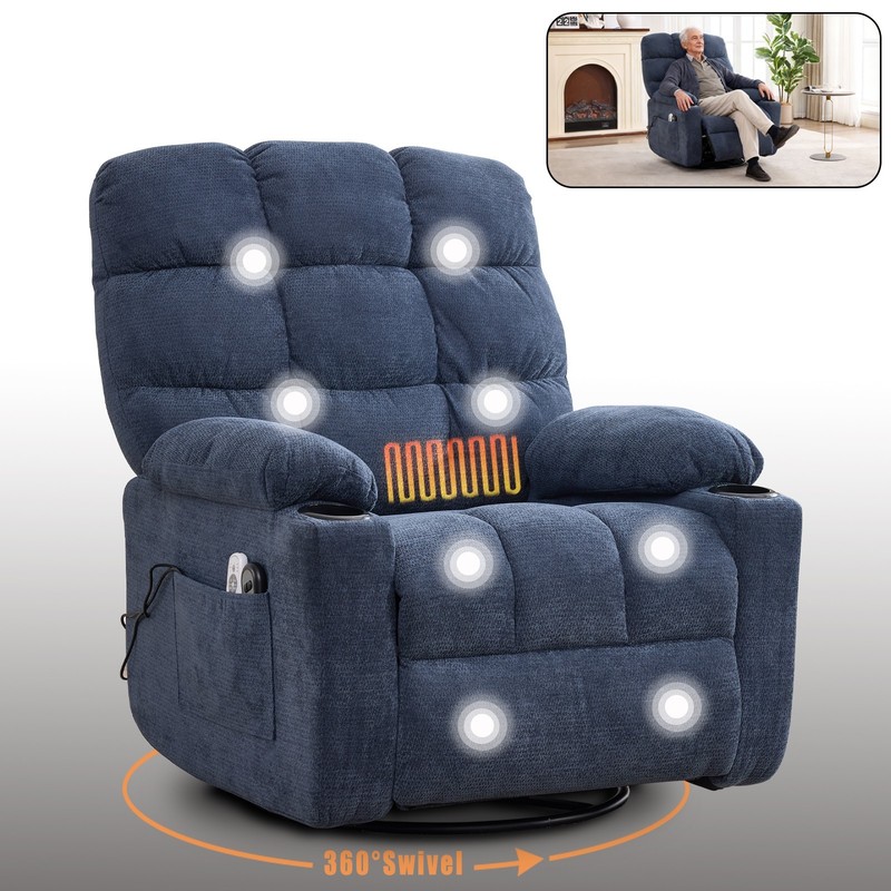 Heat Massage Electric Recliner Chair, Swivel Rocker, 8-Node Vibration, Blue gallery