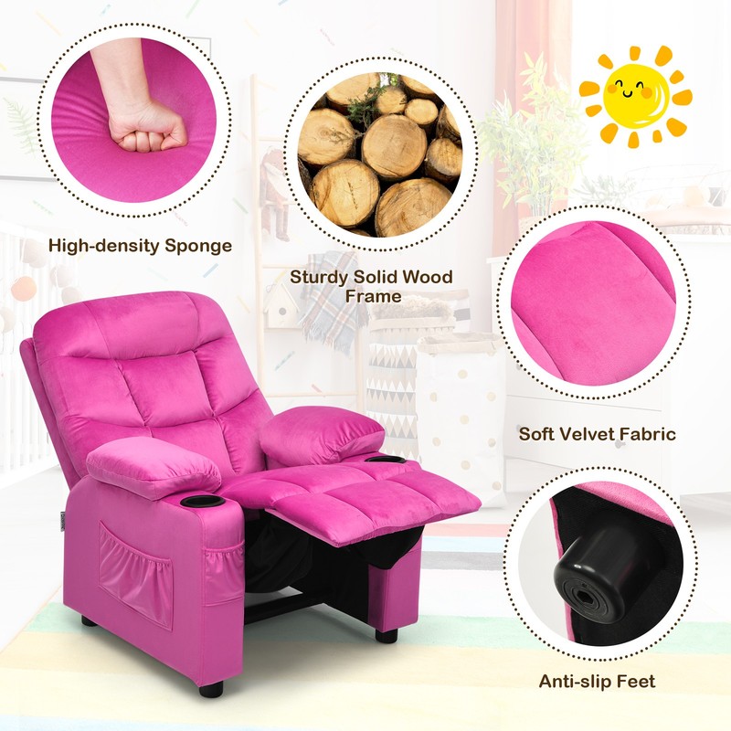 Costway Kids Youth Recliner Chair Velvet Fabric w/Cup Holder & Side Pocket Pink gallery