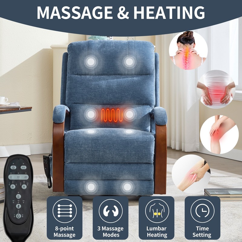 Power Lift Recliner Chair w/ Heat Massage, Blue Chenille, 350 lbs gallery