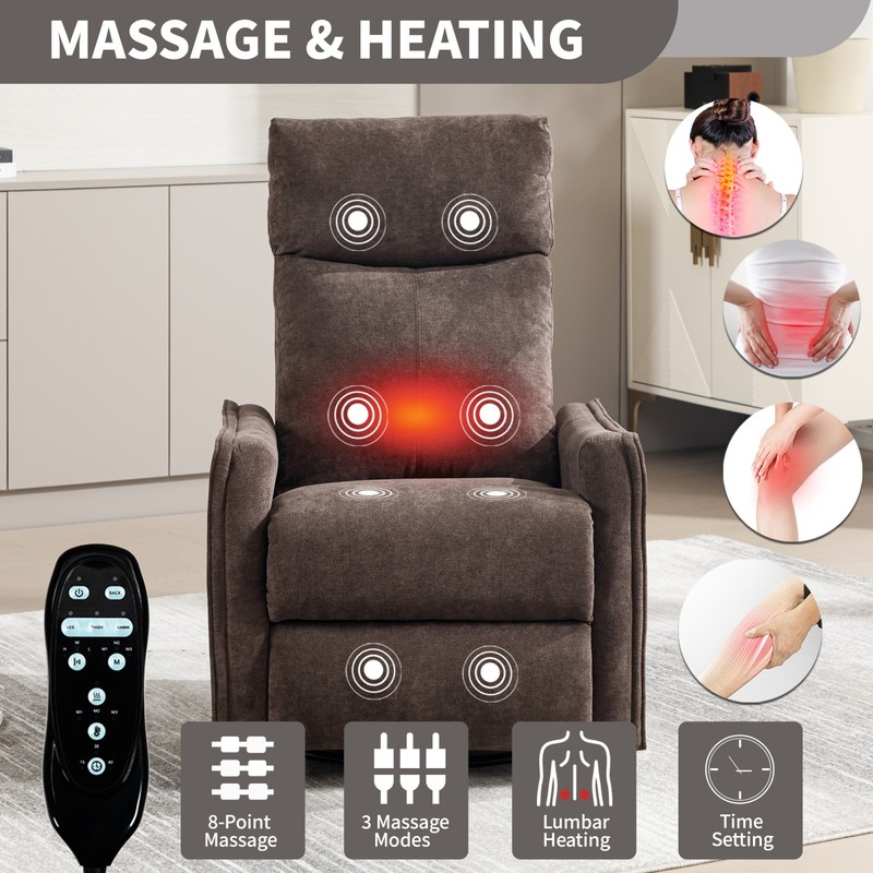 Massage Recliner Chair with Heat, Rocker, Swivel, Brown Fabric gallery