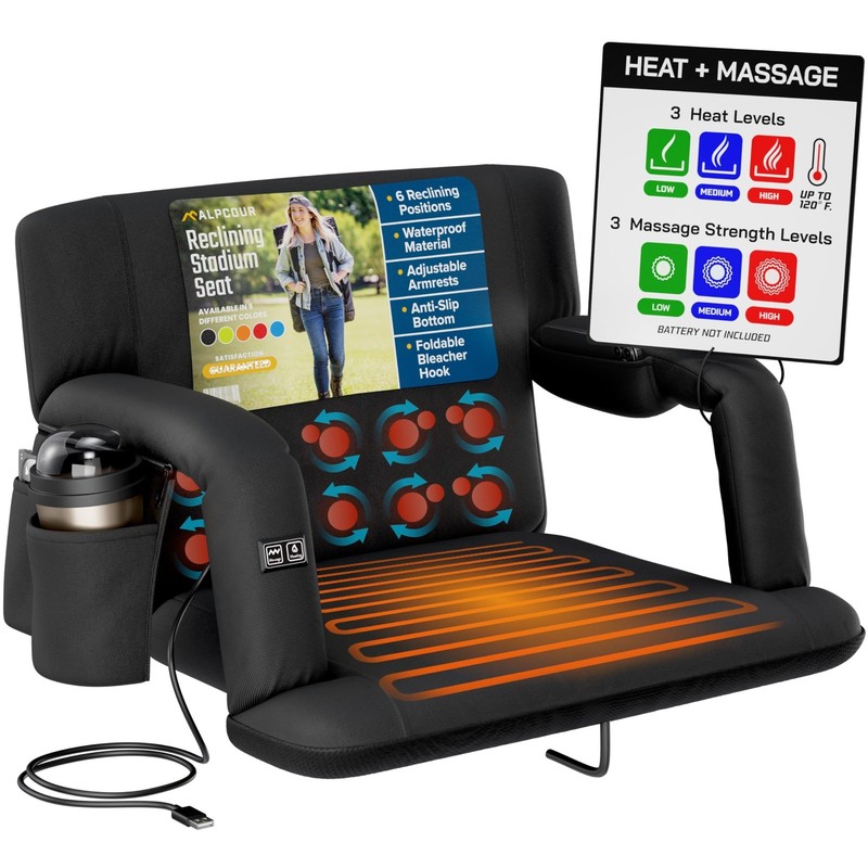 Deluxe Extra-Wide Heated Massage Bleacher Chair - Reclining Stadium Seat with Ba gallery