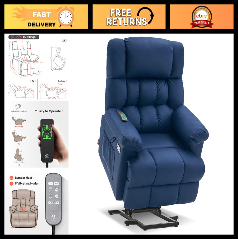 Power Lift Recliner Chair with Massage & Heat, Adjustable Headrest, USB Ports, F